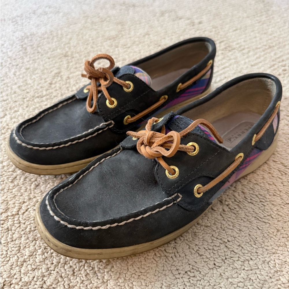 Sperry Black Boat Shoes with Brown Laces and Purple Plaid Accent